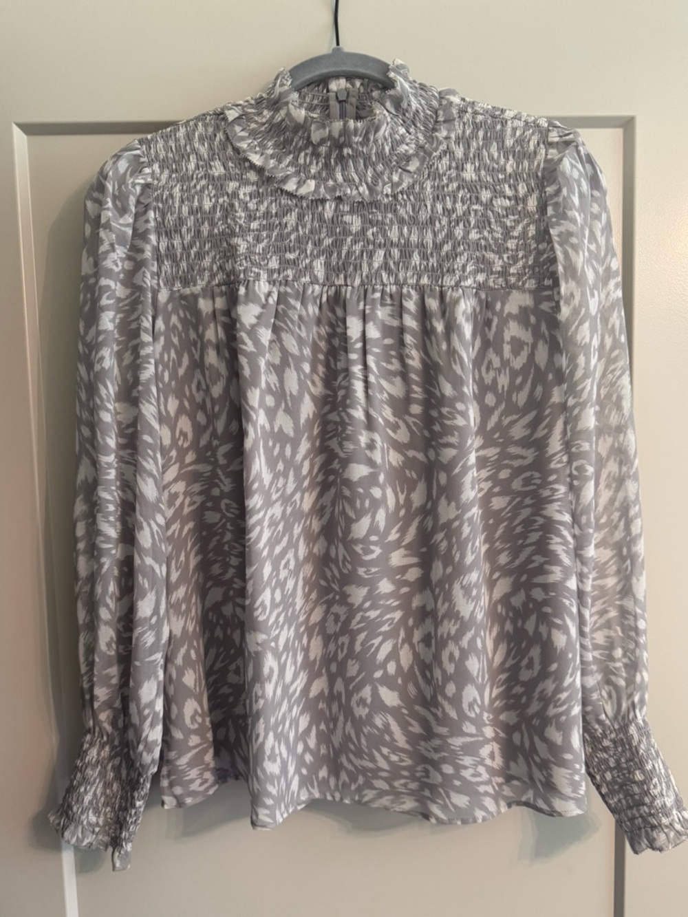 Ann Taylor Gray and White Smocked High-Neck Blouse